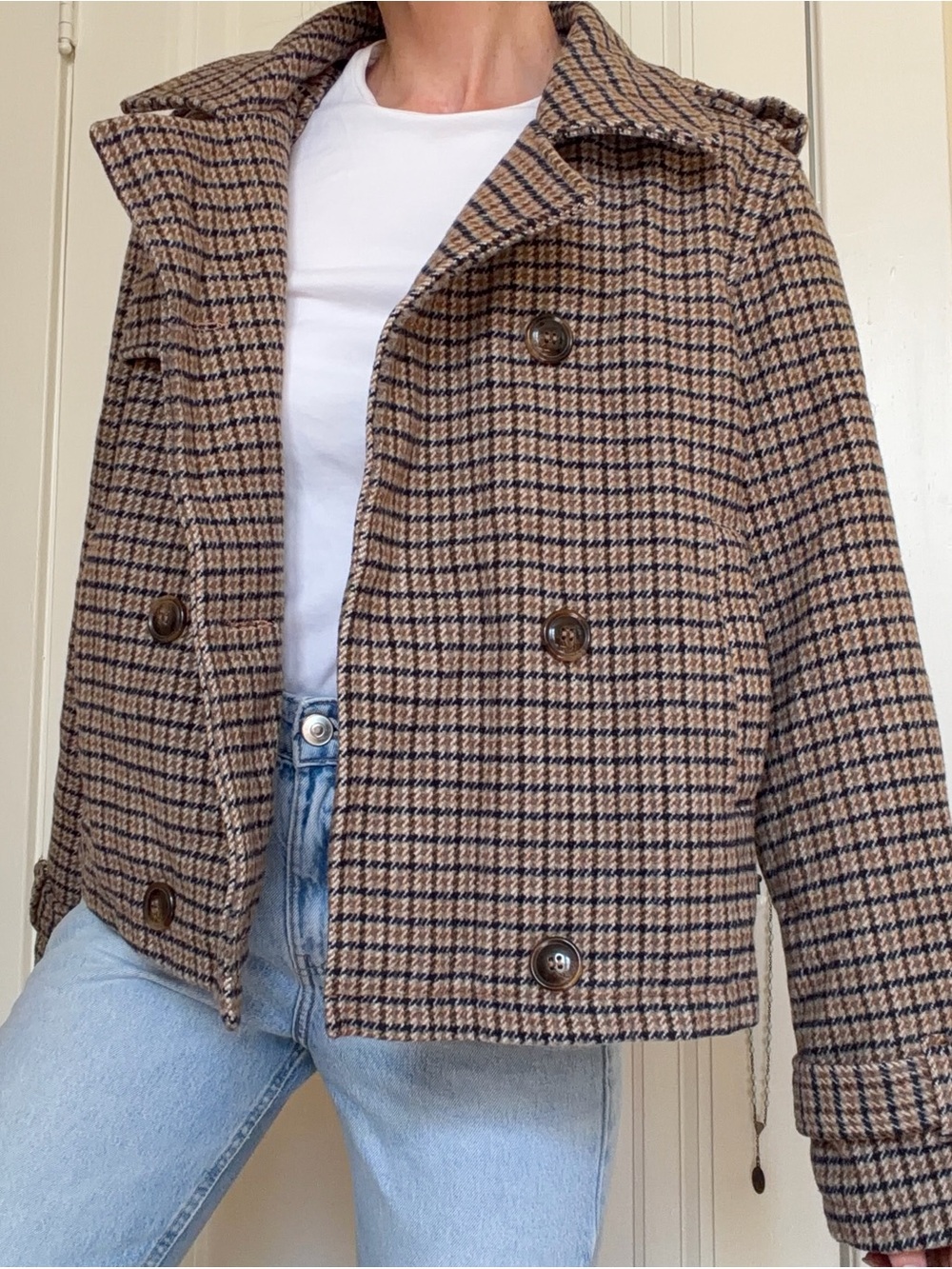 Steve Madden Brown and Black Houndstooth Cropped Peacoat L trench
